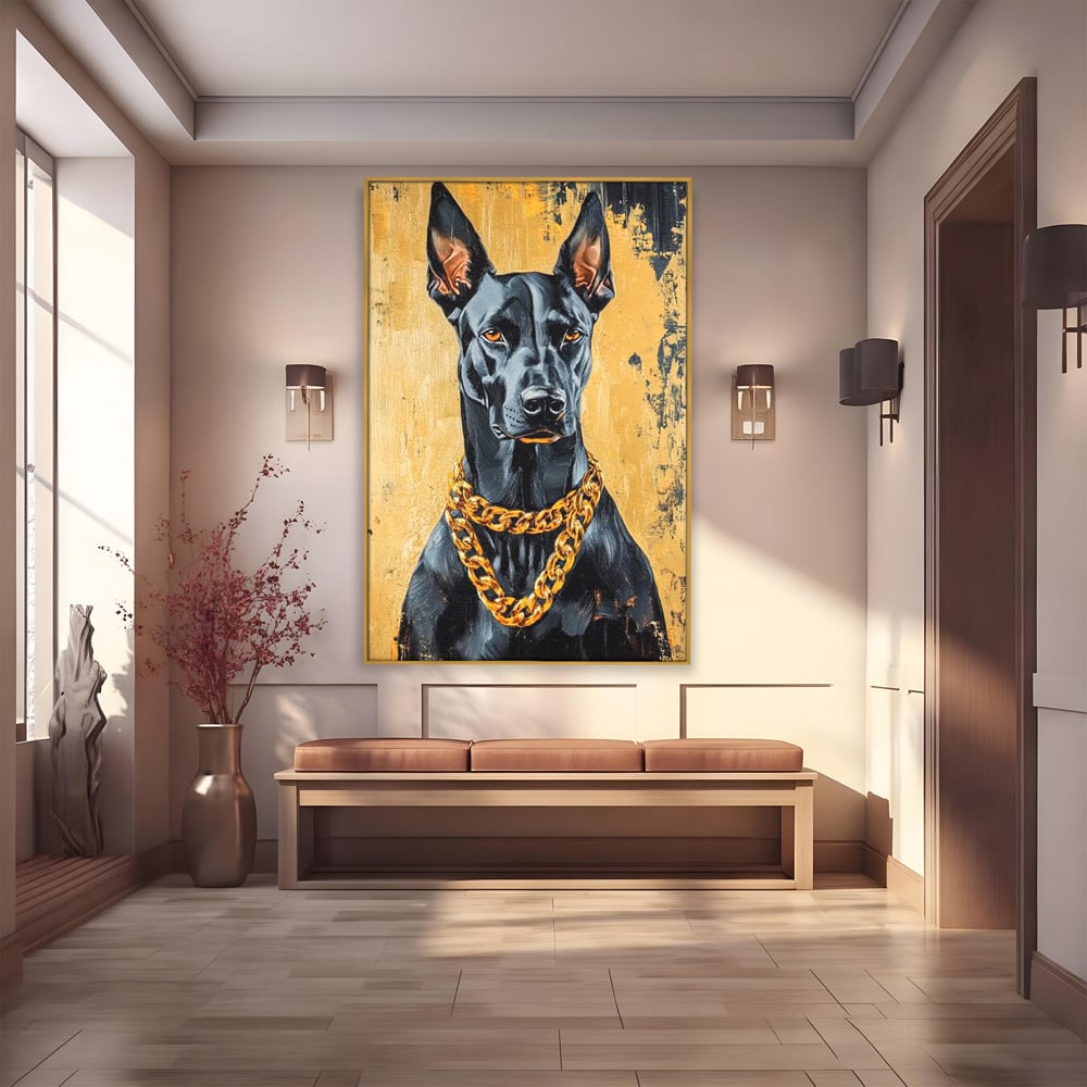 Tablou canvas cu tablou canvas cu doberman negru, in rama de aluminiu auriu