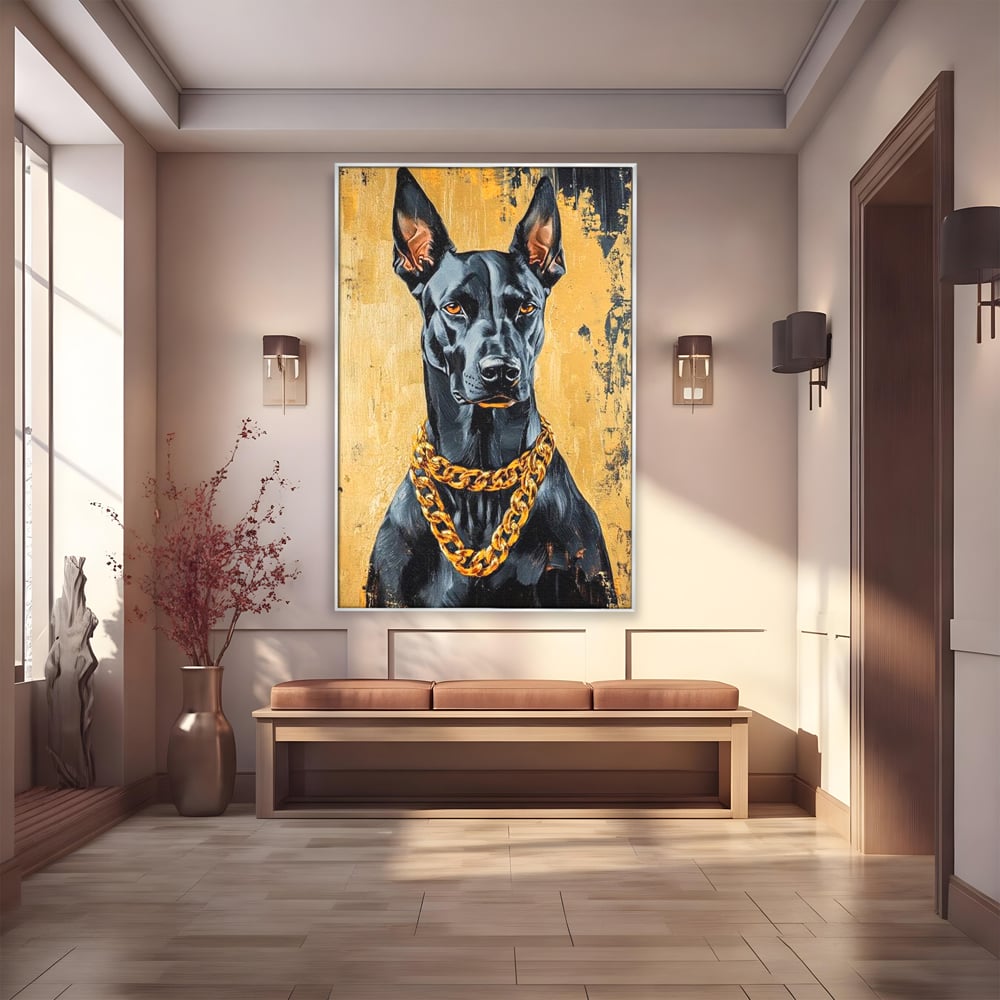 Tablou canvas cu tablou canvas cu doberman negru, in rama de aluminiu argintiu