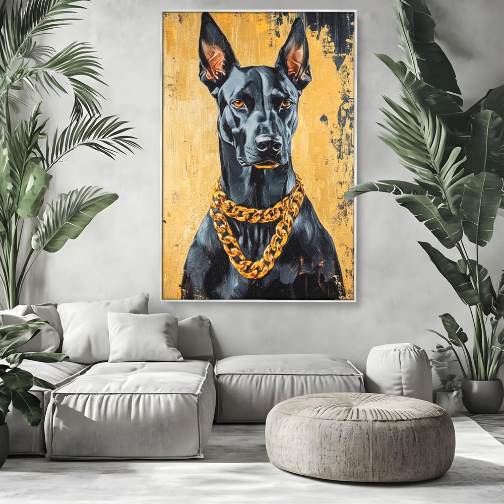 Tablou canvas cu tablou canvas cu doberman negru, in rama de aluminiu argintiu, pe perete intr-un living