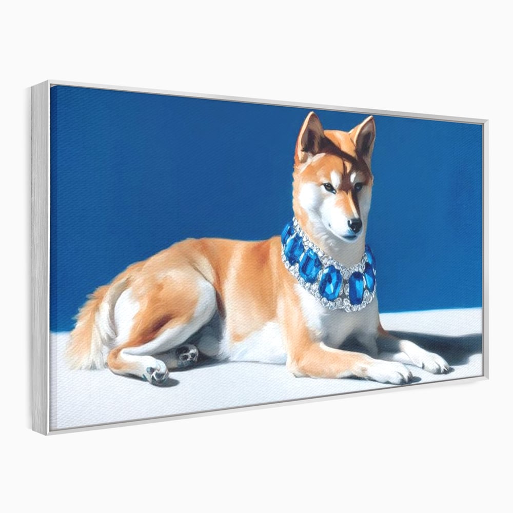 Tablou canvas cu tablou canvas cu caine portret si colier, in rama de aluminiu argintiu