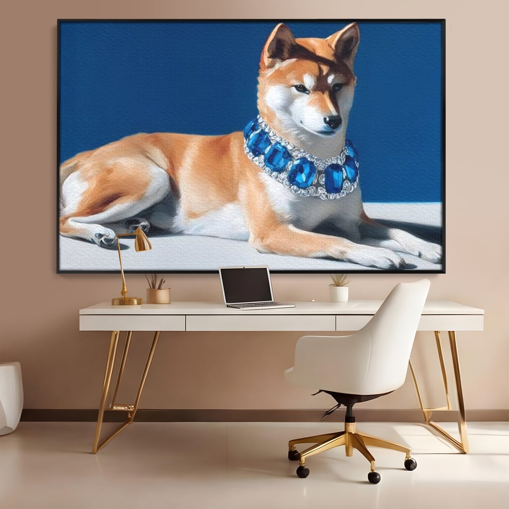 Tablou canvas cu tablou canvas cu caine portret si colier, in rama de aluminiu negru, pe perete intr-un birou