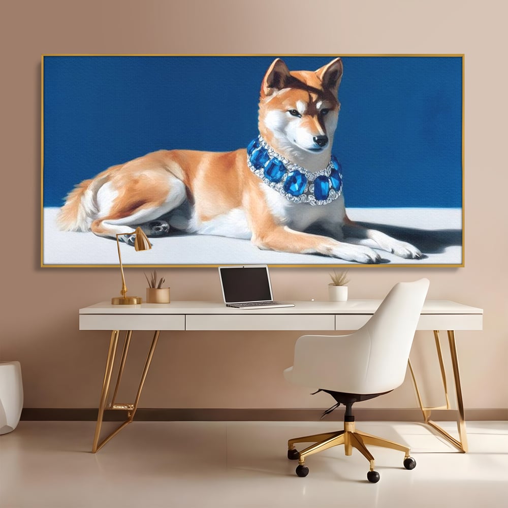 Tablou canvas cu tablou canvas cu caine portret si colier, in rama de aluminiu auriu, pe perete intr-un birou
