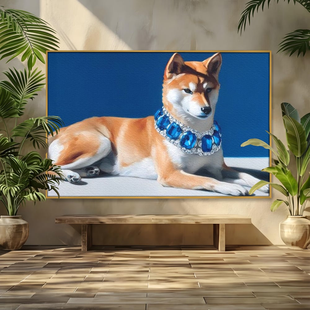 Tablou canvas cu tablou canvas cu caine portret si colier, in rama de aluminiu auriu