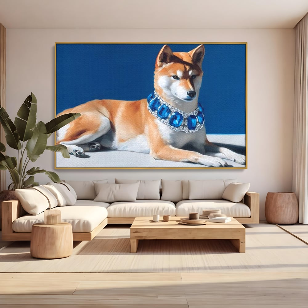 Tablou canvas cu tablou canvas cu caine portret si colier, in rama de aluminiu auriu, pe perete intr-un living
