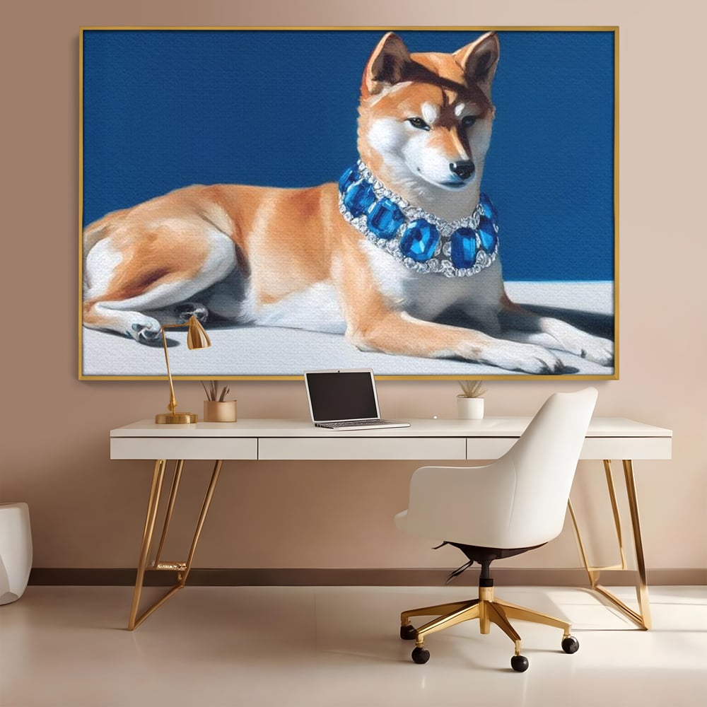 Tablou canvas cu tablou canvas cu caine portret si colier, in rama de aluminiu auriu, pe perete intr-un birou
