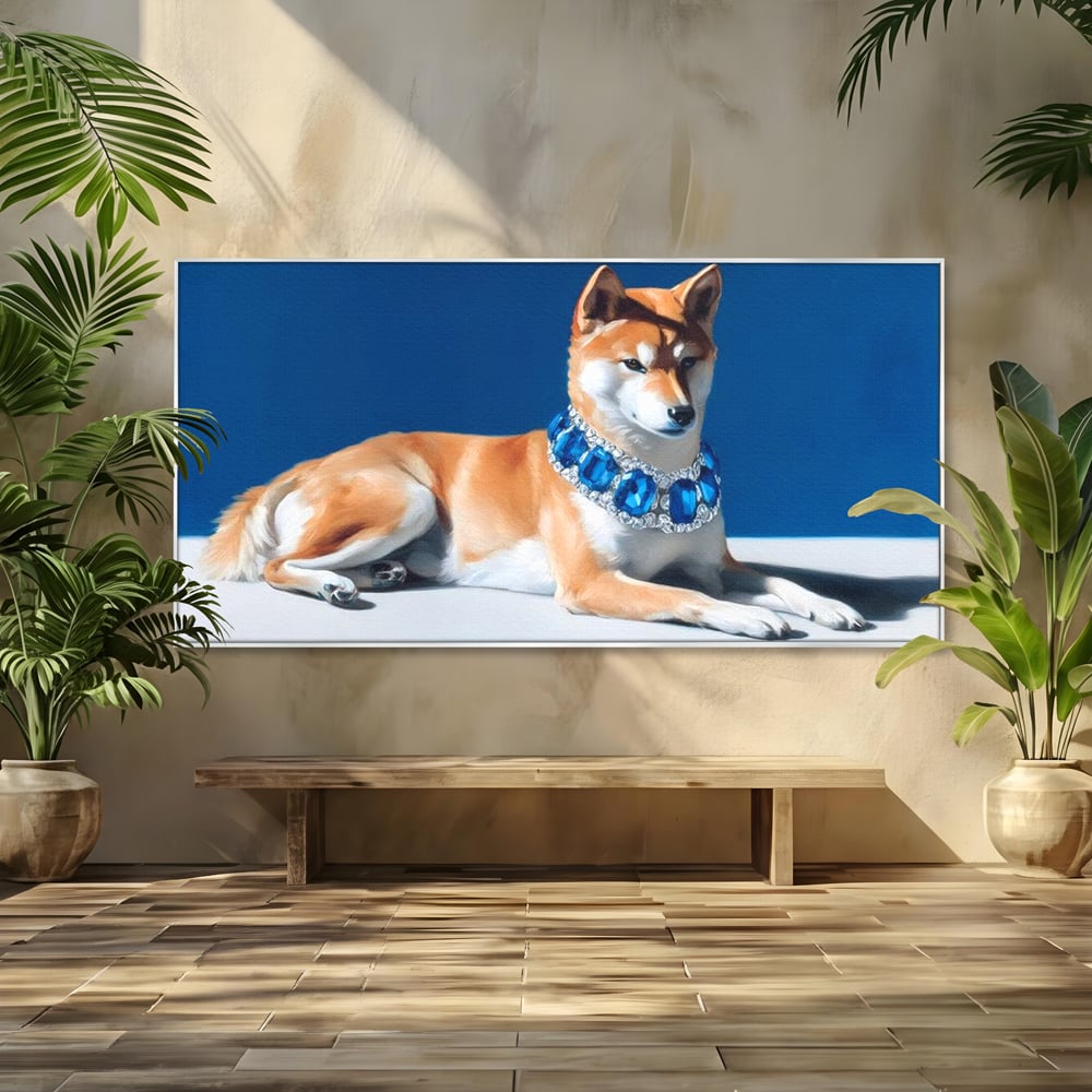 Tablou canvas cu tablou canvas cu caine portret si colier, in rama de aluminiu argintiu