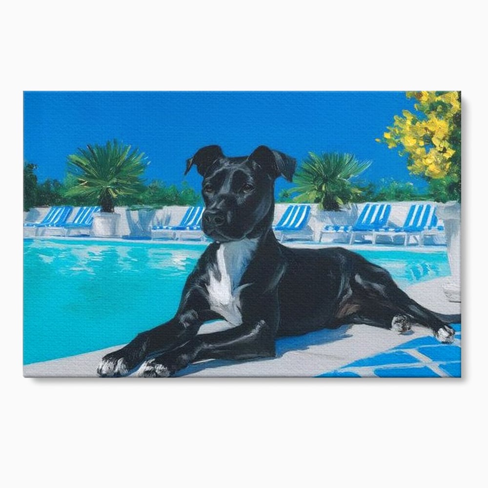 Tablou canvas cu tablou canvas cu caine negru la piscina, fara rama, pe sasiu de lemn