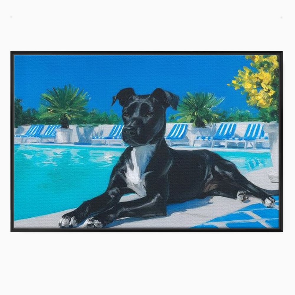 Tablou canvas cu tablou canvas cu caine negru la piscina, in rama de aluminiu negru