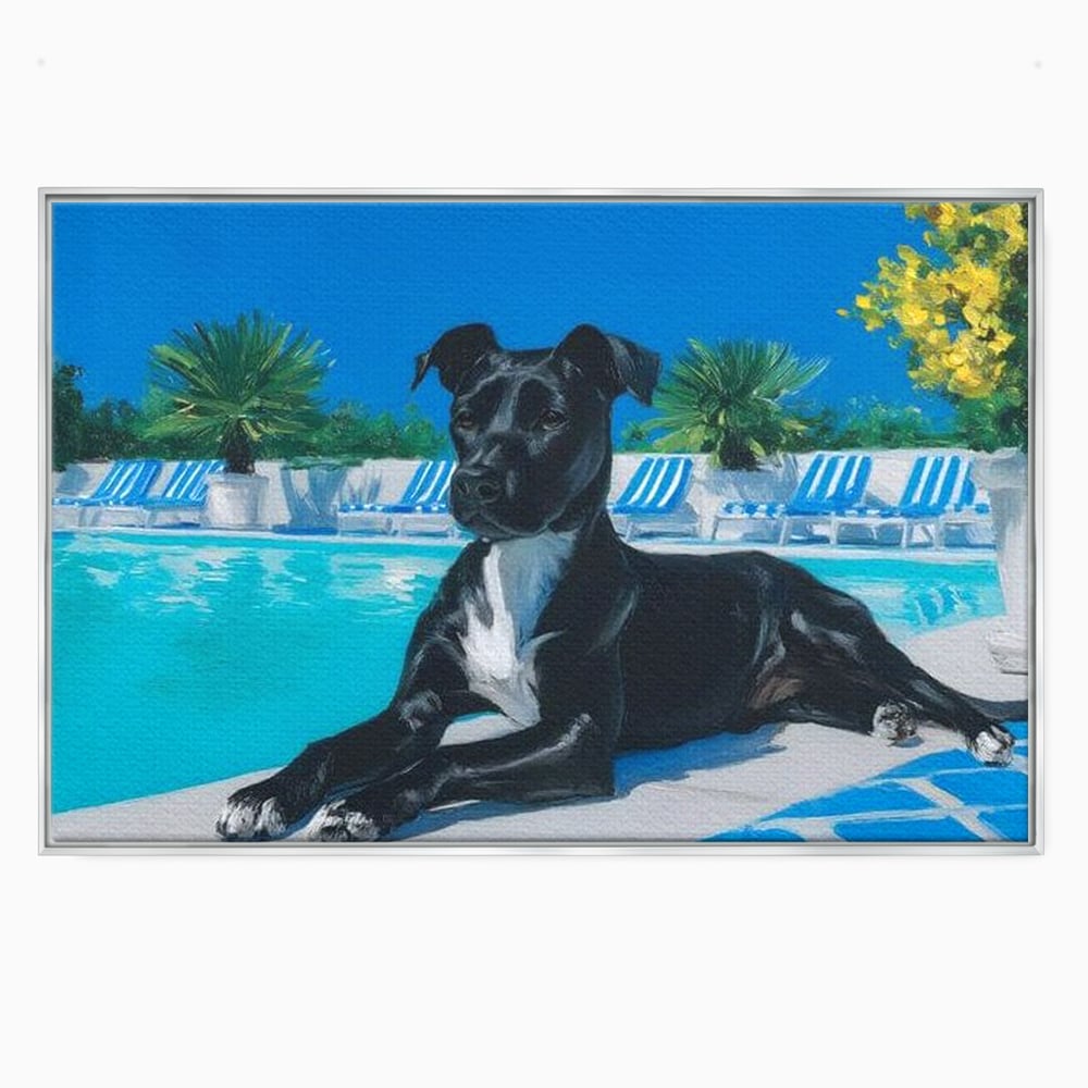 Tablou canvas cu tablou canvas cu caine negru la piscina, in rama de aluminiu argintiu