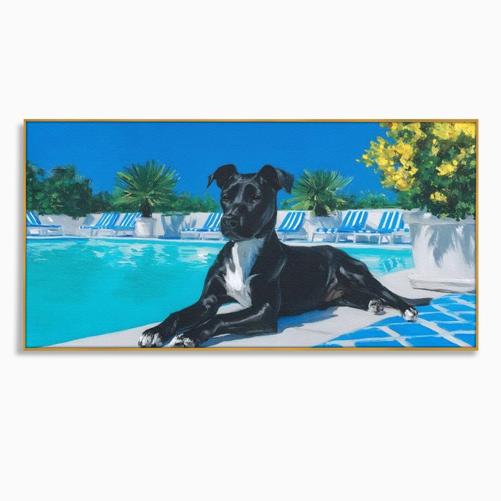Tablou canvas cu tablou canvas cu caine negru la piscina, in rama de aluminiu auriu