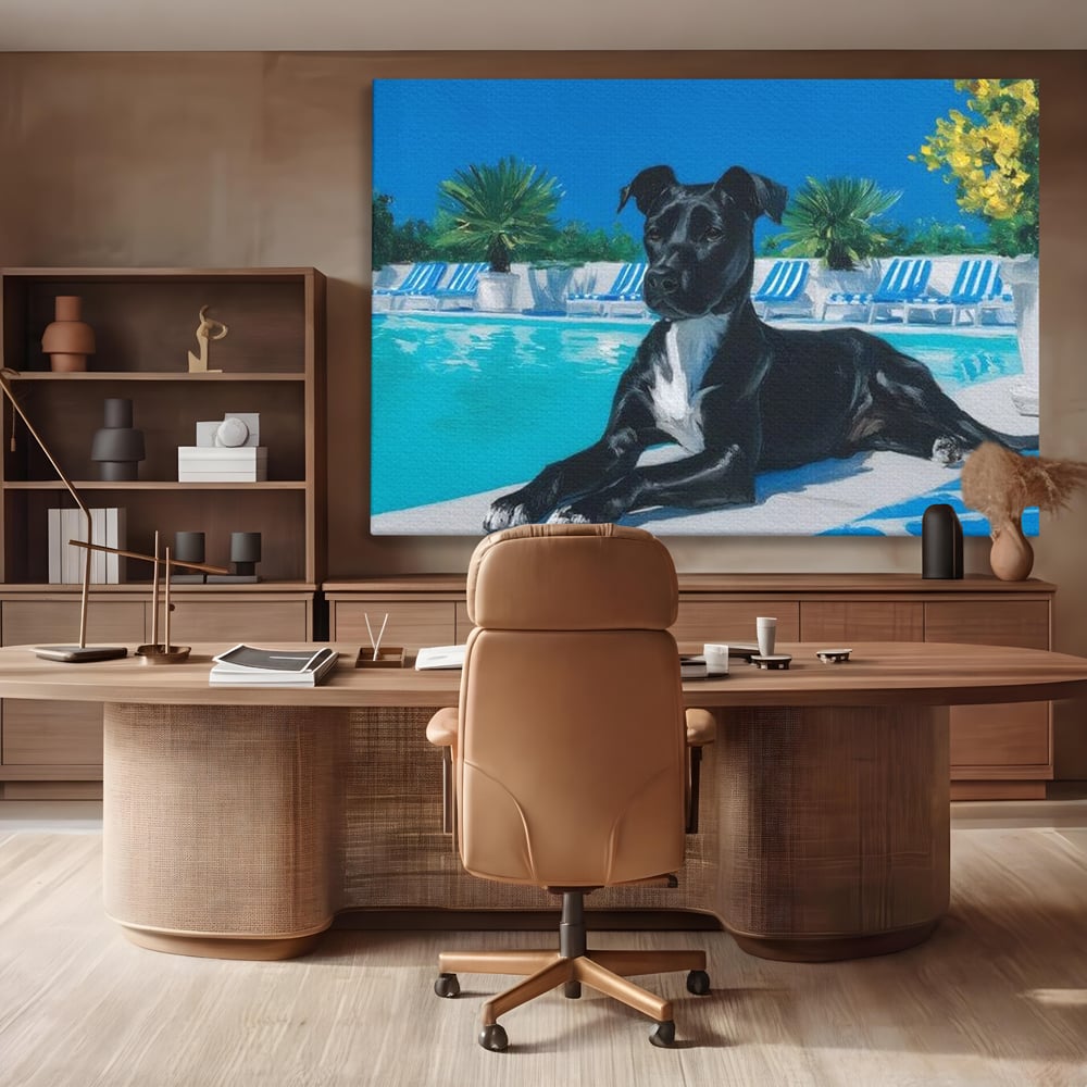 Tablou canvas cu tablou canvas cu caine negru la piscina, fara rama, pe sasiu de lemn, pe perete intr-un birou