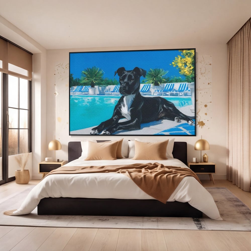 Tablou canvas cu tablou canvas cu caine negru la piscina, in rama de aluminiu negru, pe perete intr-un dormitor