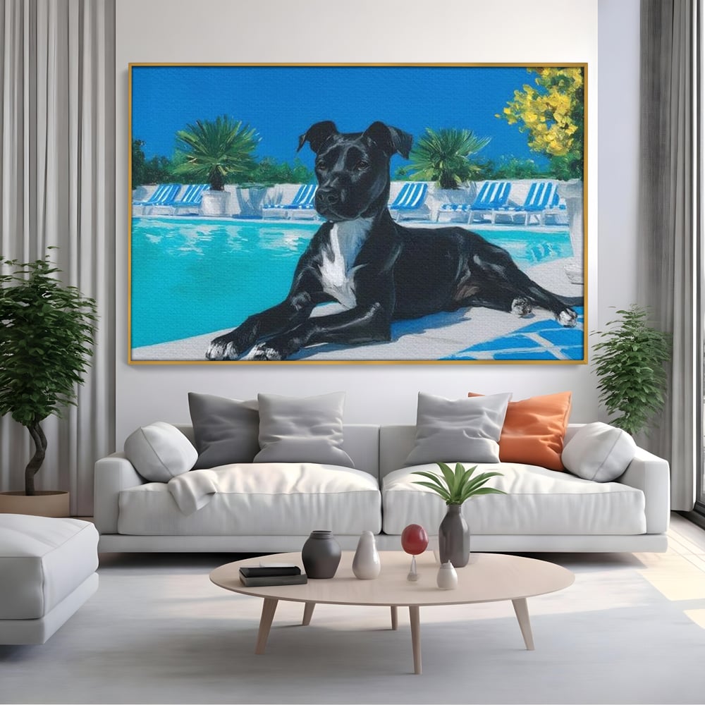 Tablou canvas cu tablou canvas cu caine negru la piscina, in rama de aluminiu auriu, pe perete intr-un living