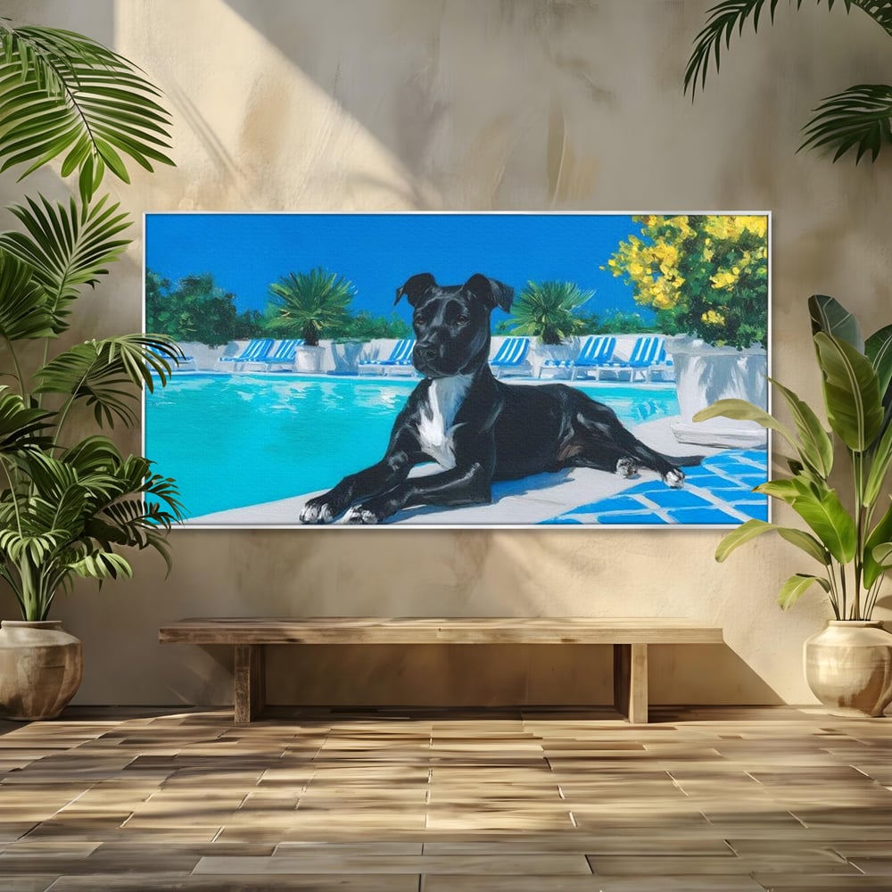 Tablou canvas cu tablou canvas cu caine negru la piscina, in rama de aluminiu argintiu
