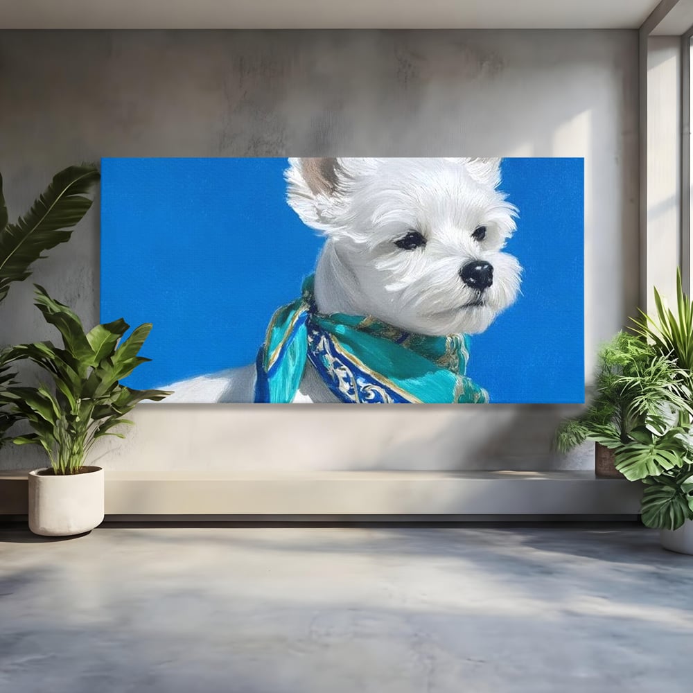 Tablou canvas cu tablou pictura caine alb cu esarfa, fara rama, pe sasiu de lemn