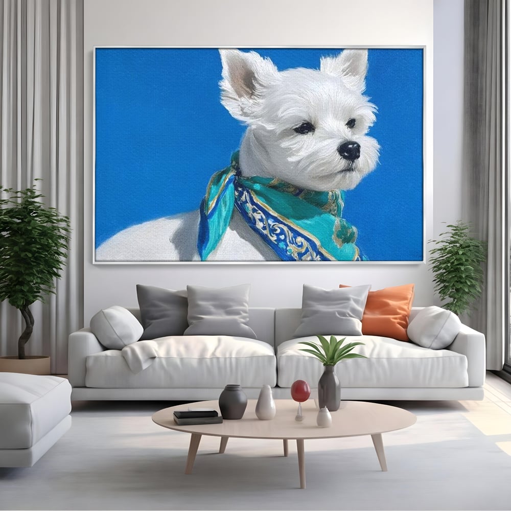 Tablou canvas cu tablou pictura caine alb cu esarfa, in rama de aluminiu argintiu, pe perete intr-un living