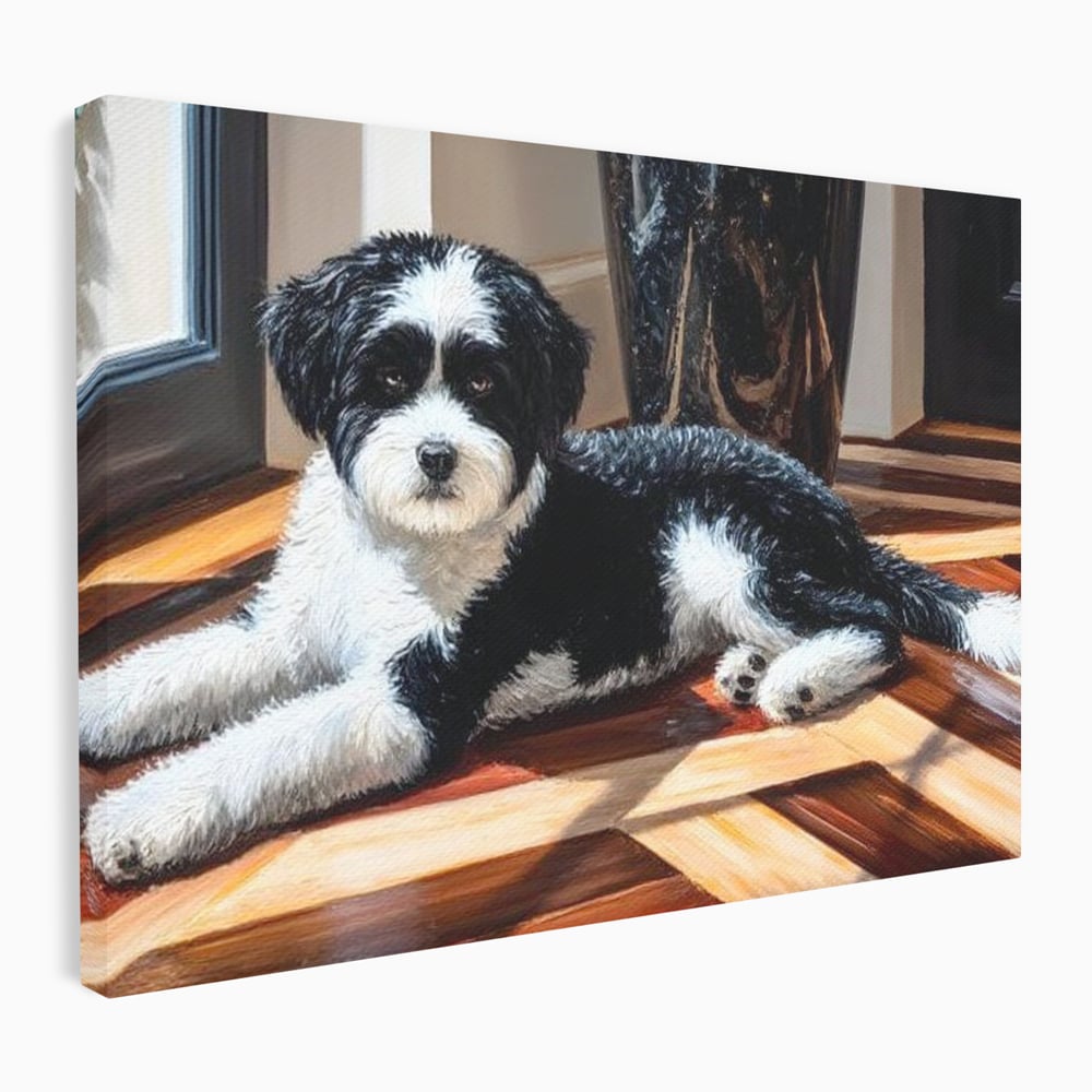 Tablou canvas cu tablou canvas cu catel negru cu alb, fara rama, pe sasiu de lemn