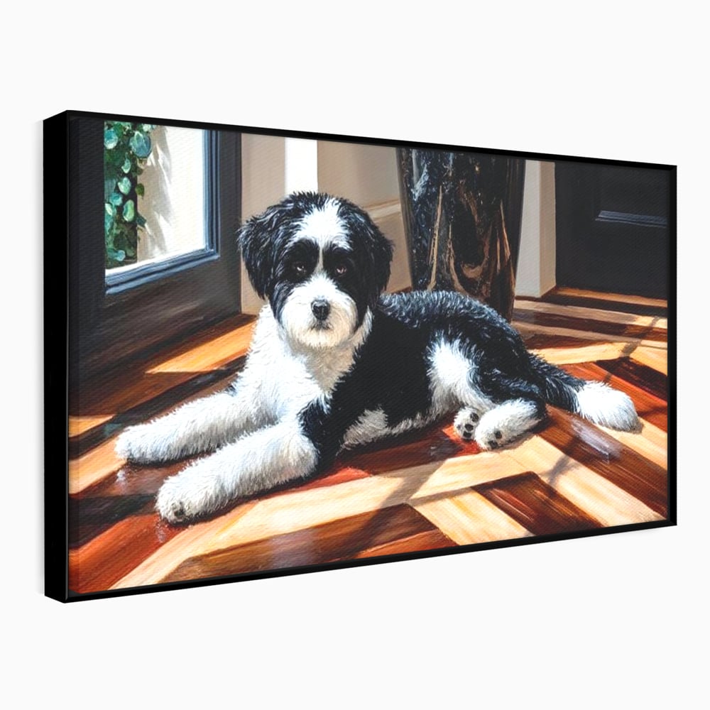 Tablou canvas cu tablou canvas cu catel negru cu alb, in rama de aluminiu negru