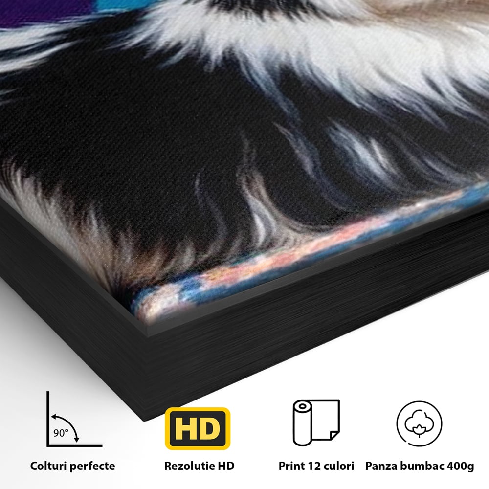 Detaliu al suprafetei: tablou canvas cu catel pufos alb-negru, in rama de aluminiu negru
