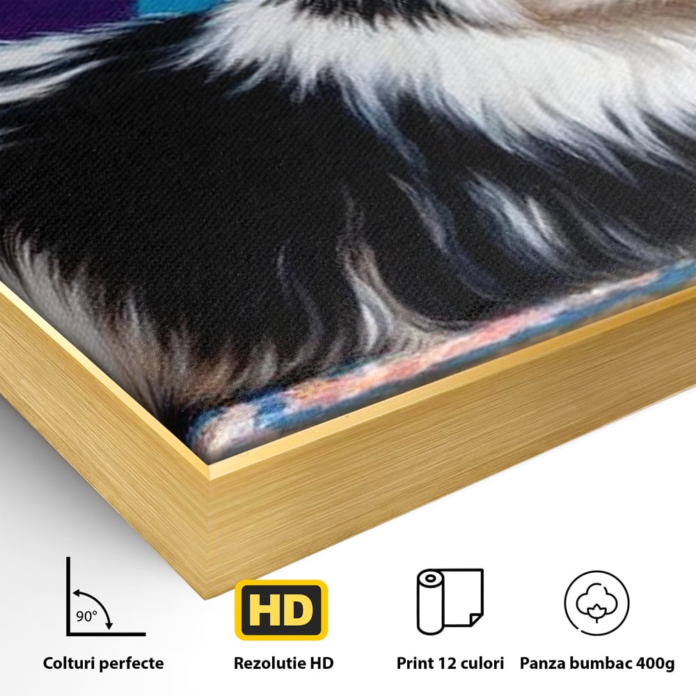 Detaliu al suprafetei: tablou canvas cu catel pufos alb-negru, in rama de aluminiu auriu