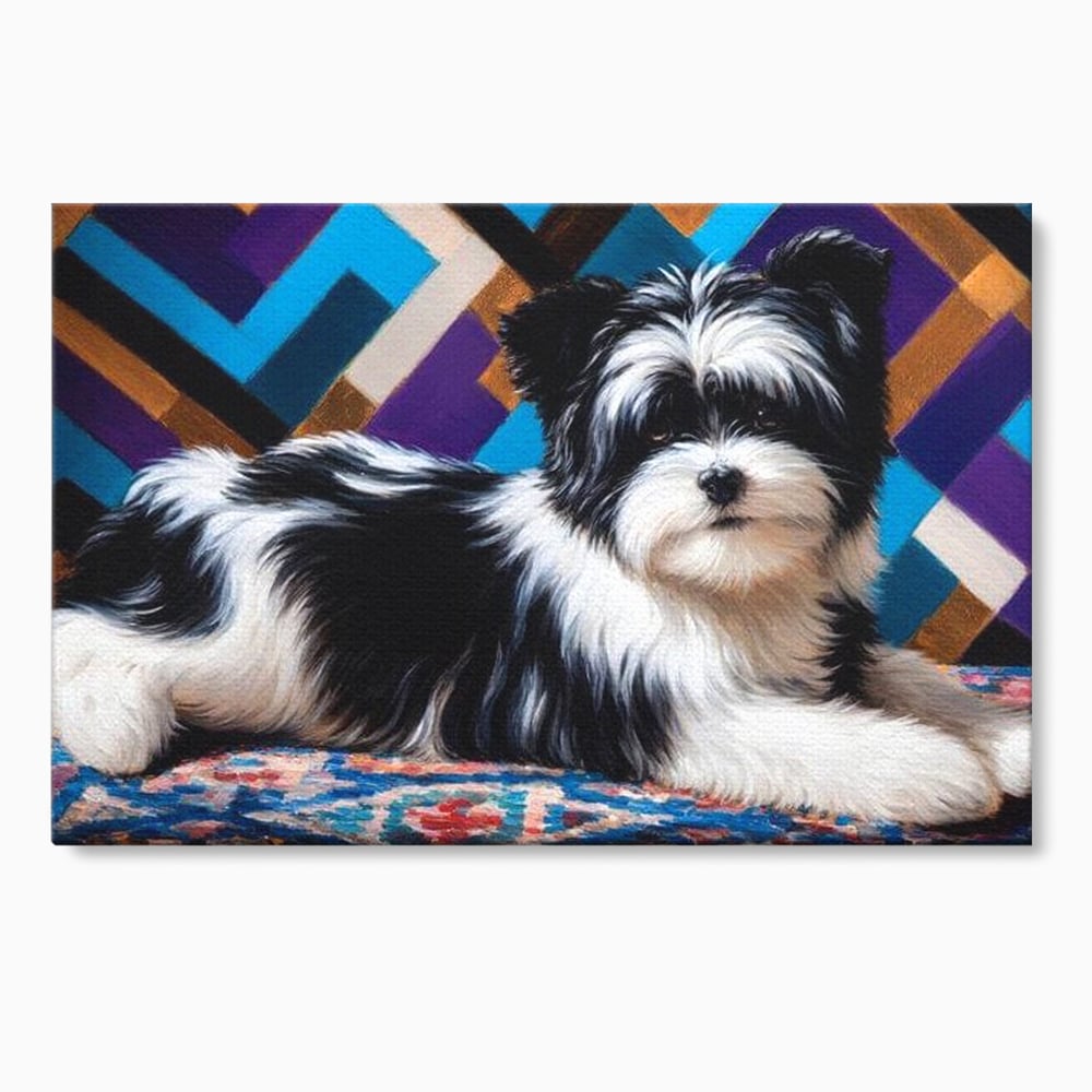 Tablou canvas cu tablou canvas cu catel pufos alb-negru, fara rama, pe sasiu de lemn