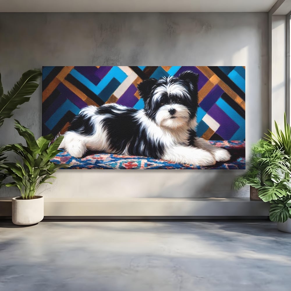 Tablou canvas cu tablou canvas cu catel pufos alb-negru, fara rama, pe sasiu de lemn