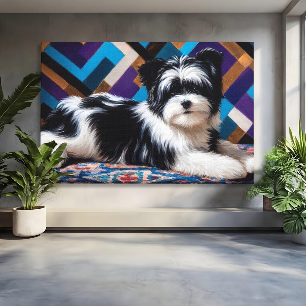 Tablou canvas cu tablou canvas cu catel pufos alb-negru, fara rama, pe sasiu de lemn