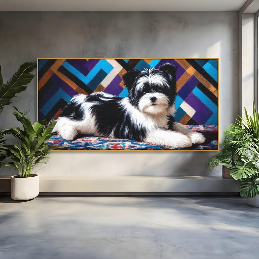 Tablou canvas cu tablou canvas cu catel pufos alb-negru, in rama de aluminiu auriu