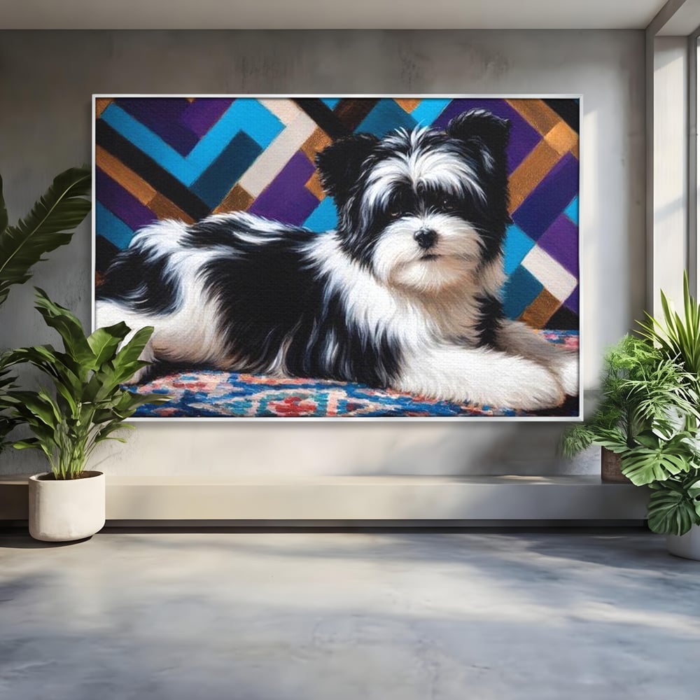 Tablou canvas cu tablou canvas cu catel pufos alb-negru, in rama de aluminiu argintiu