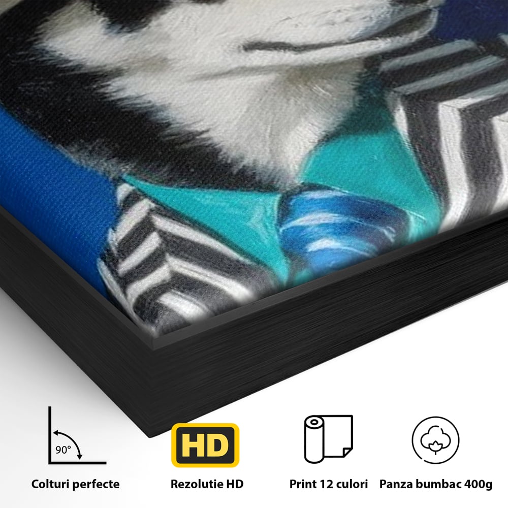 Detaliu al suprafetei: tablou canvas cu caine imbracat elegant, in rama de aluminiu negru
