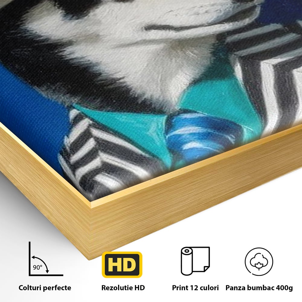 Detaliu al suprafetei: tablou canvas cu caine imbracat elegant, in rama de aluminiu auriu