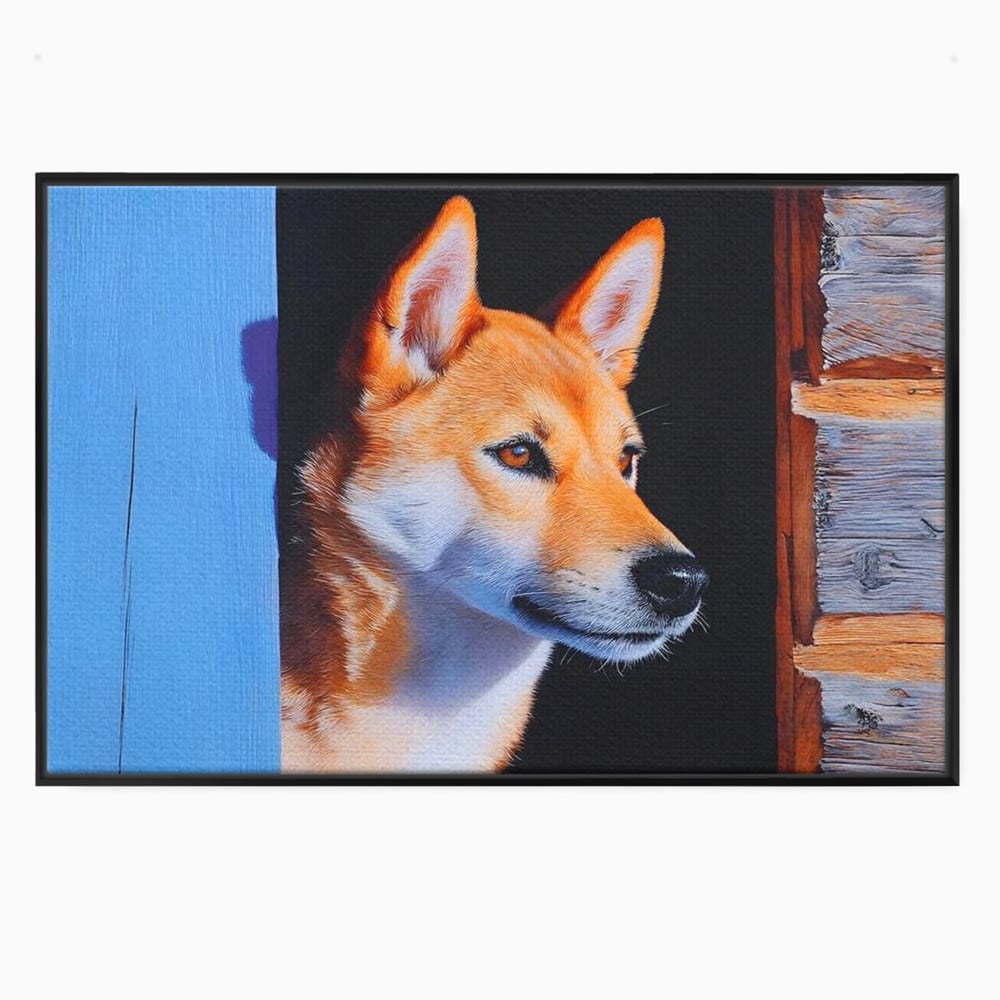Tablou canvas cu tablou canvas cu portret de caine shiba, in rama de aluminiu negru