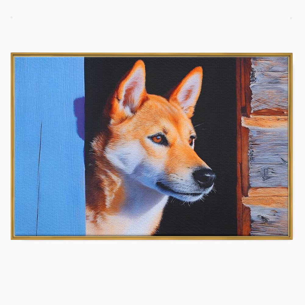Tablou canvas cu tablou canvas cu portret de caine shiba, in rama de aluminiu auriu
