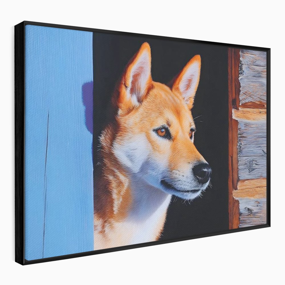 Tablou canvas cu tablou canvas cu portret de caine shiba, in rama de aluminiu negru