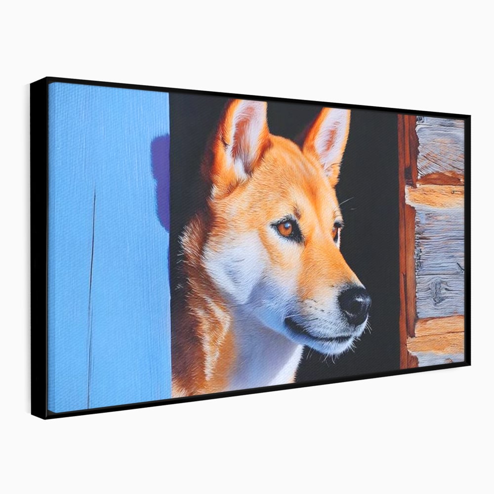 Tablou canvas cu tablou canvas cu portret de caine shiba, in rama de aluminiu negru