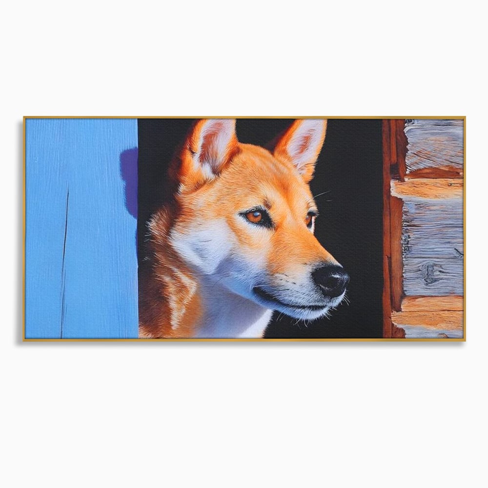Tablou canvas cu tablou canvas cu portret de caine shiba, in rama de aluminiu auriu