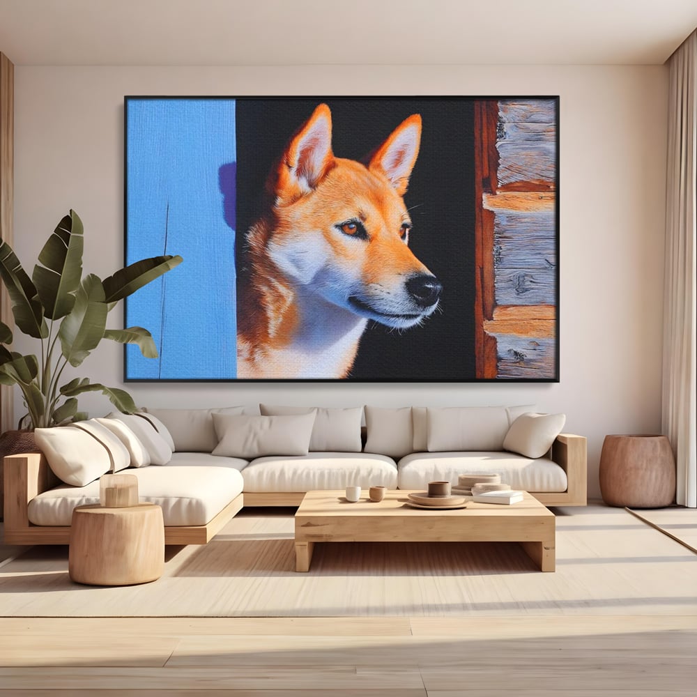 Tablou canvas cu tablou canvas cu portret de caine shiba, in rama de aluminiu negru, pe perete intr-un living