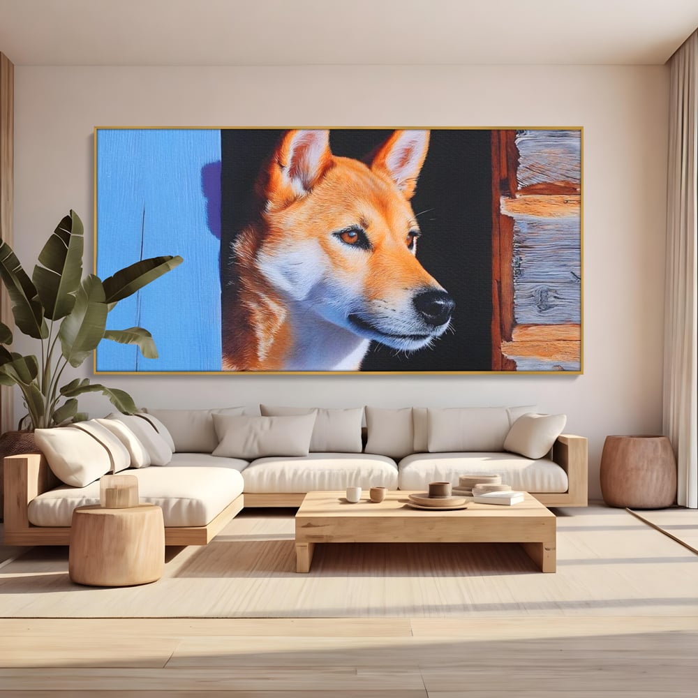 Tablou canvas cu tablou canvas cu portret de caine shiba, in rama de aluminiu auriu, pe perete intr-un living