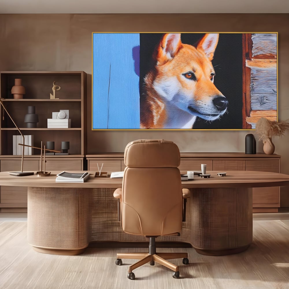 Tablou canvas cu tablou canvas cu portret de caine shiba, in rama de aluminiu auriu, pe perete intr-un birou