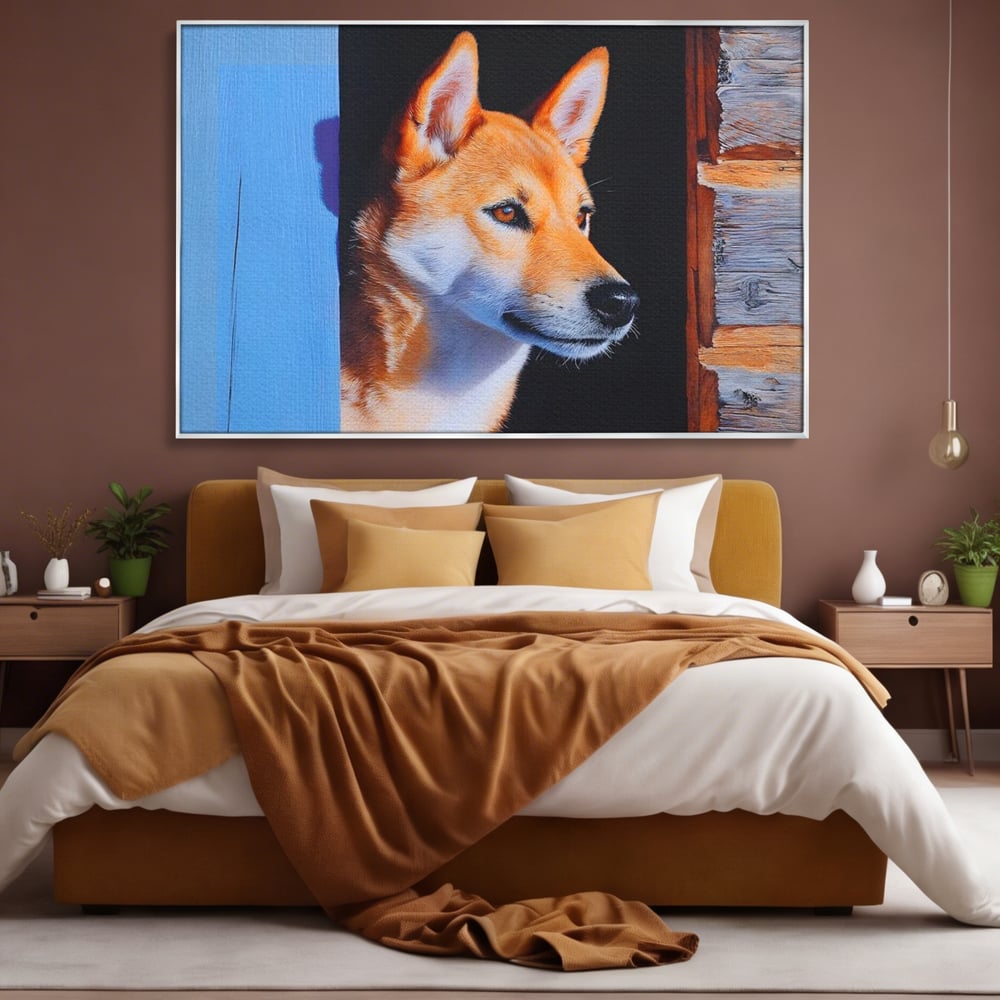 Tablou canvas cu tablou canvas cu portret de caine shiba, in rama de aluminiu argintiu, pe perete intr-un dormitor