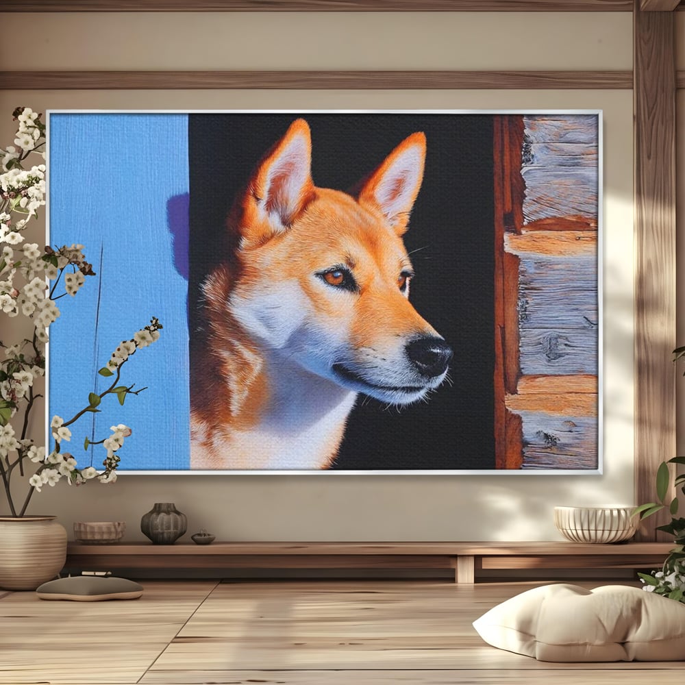 Tablou canvas cu tablou canvas cu portret de caine shiba, in rama de aluminiu argintiu