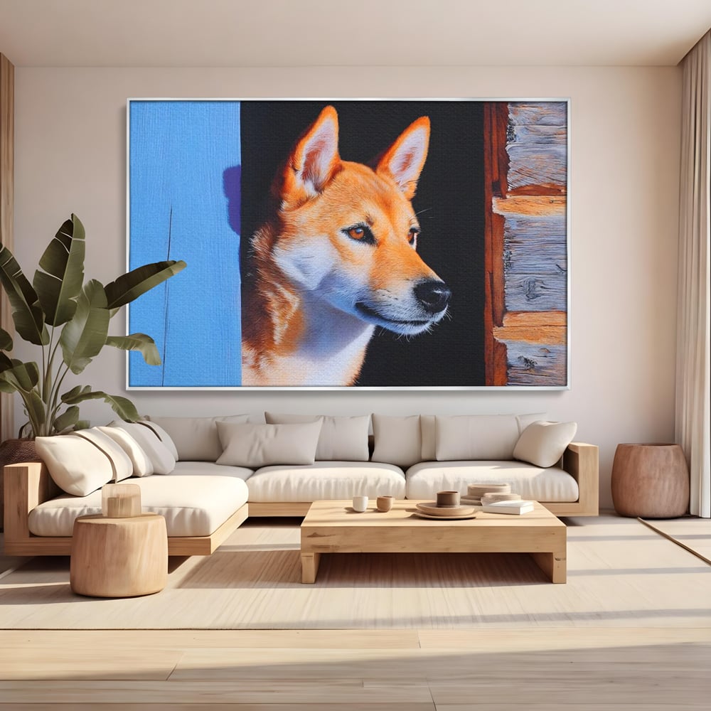Tablou canvas cu tablou canvas cu portret de caine shiba, in rama de aluminiu argintiu, pe perete intr-un living