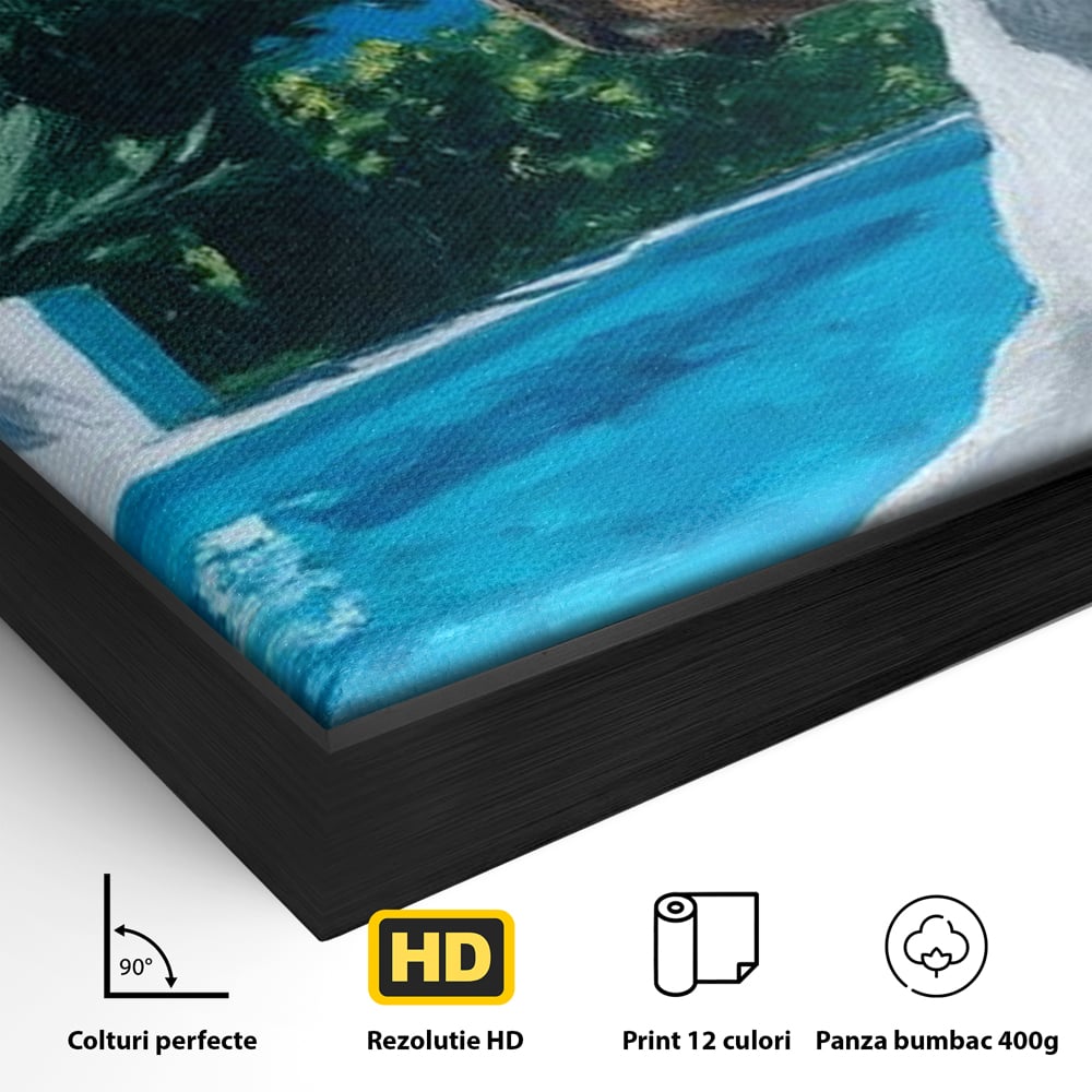 Detaliu al suprafetei: tablou canvas cu caine la piscina, in rama de aluminiu negru