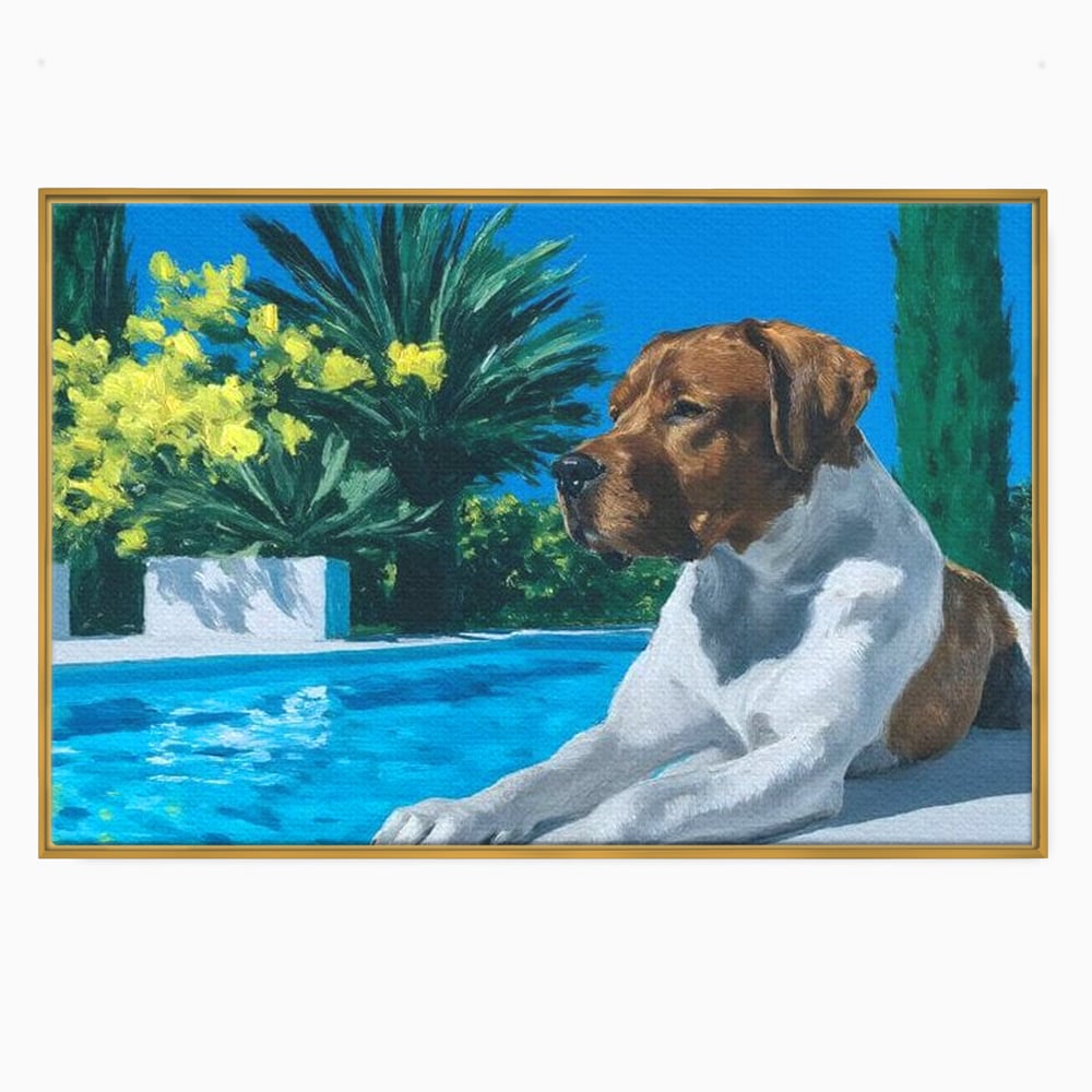 Tablou canvas cu tablou canvas cu caine la piscina, in rama de aluminiu auriu