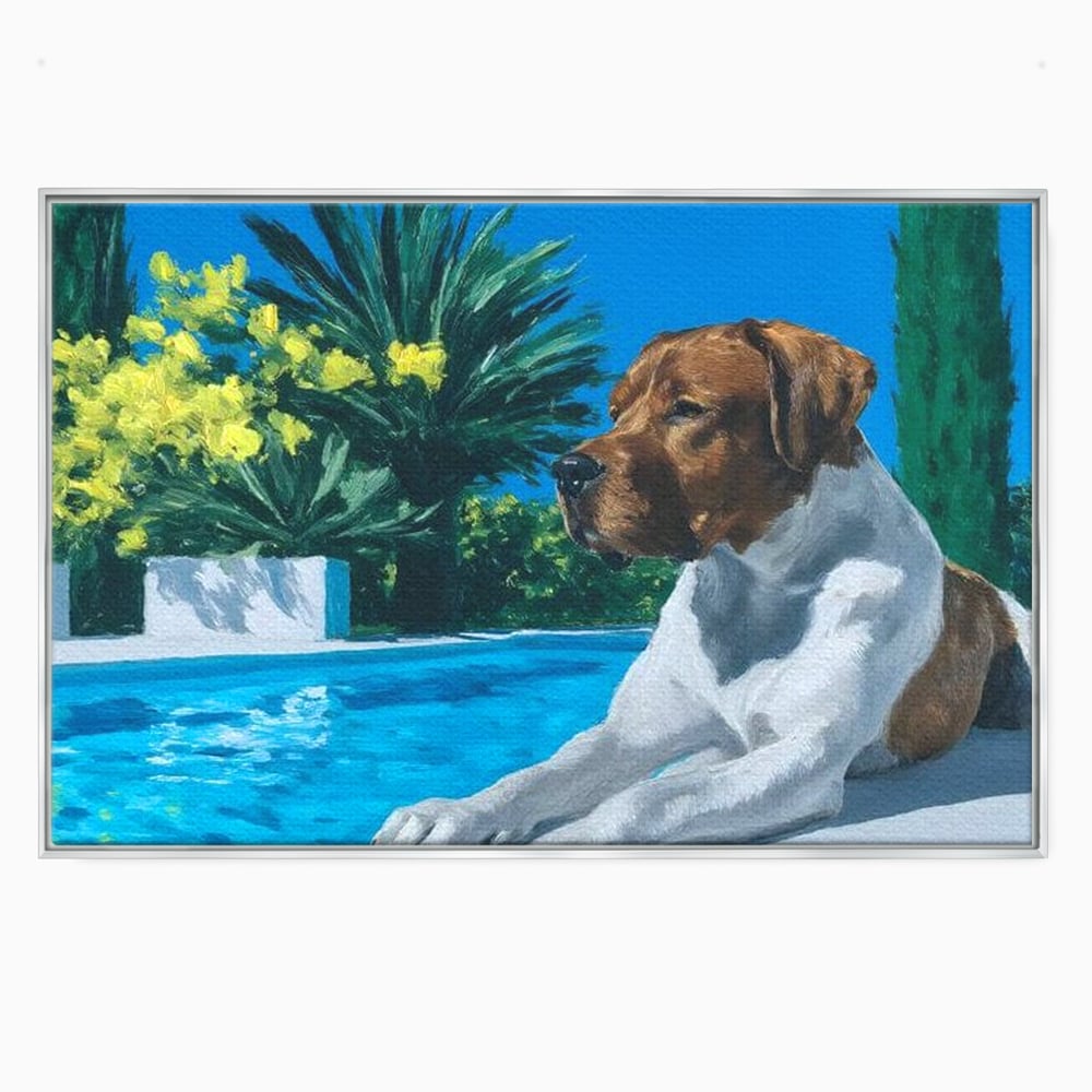 Tablou canvas cu tablou canvas cu caine la piscina, in rama de aluminiu argintiu