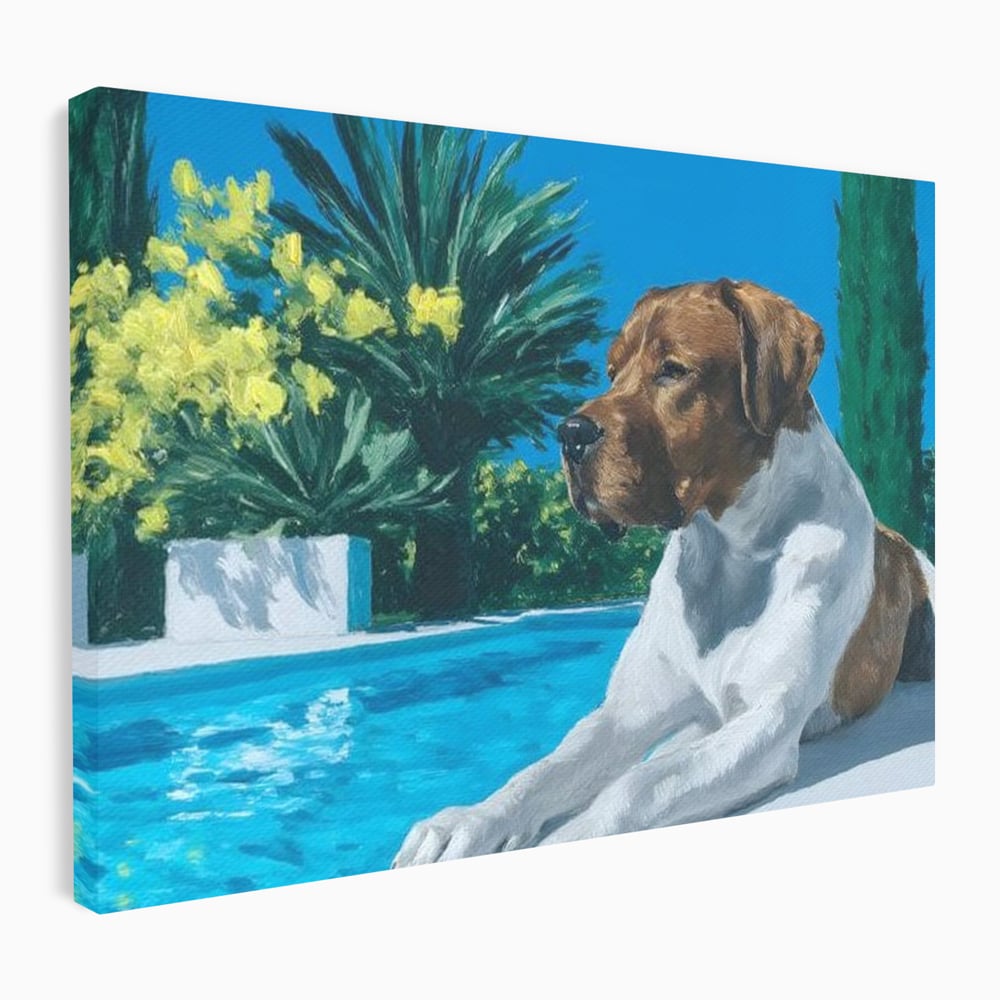 Tablou canvas cu tablou canvas cu caine la piscina, fara rama, pe sasiu de lemn