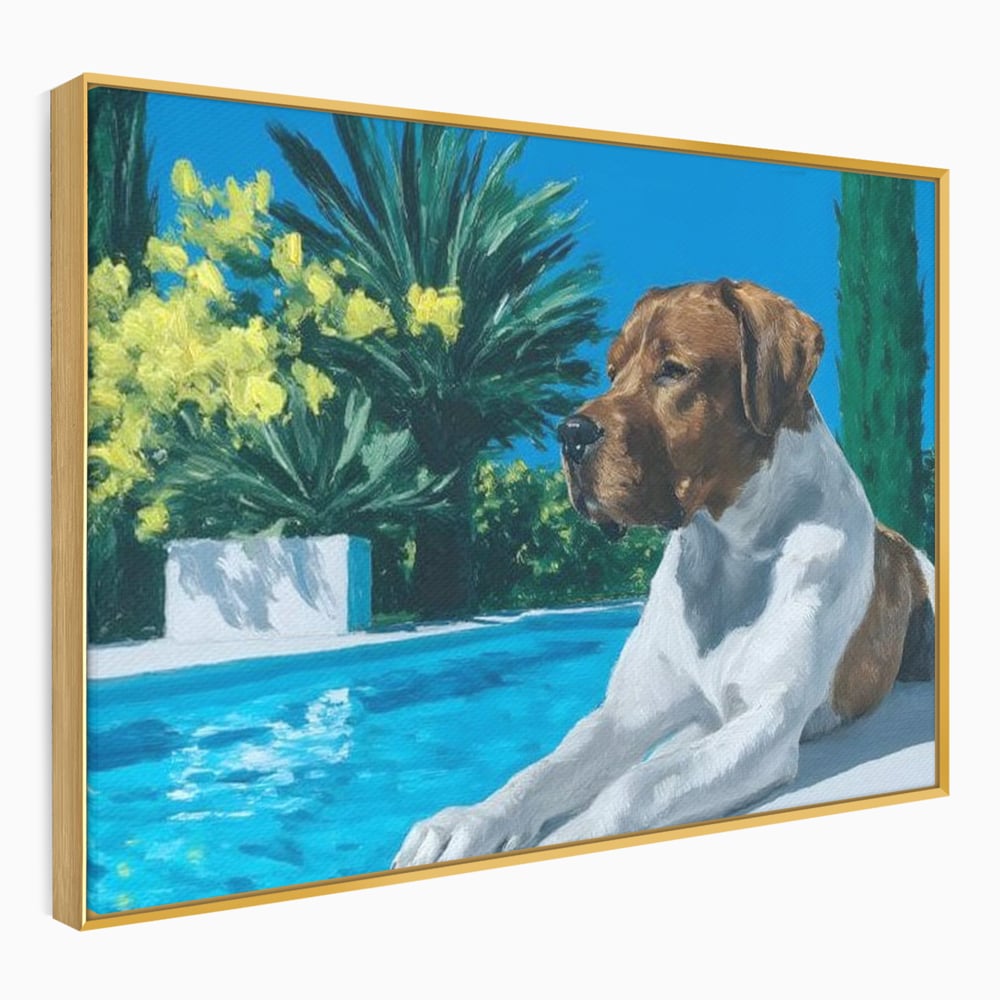 Tablou canvas cu tablou canvas cu caine la piscina, in rama de aluminiu auriu