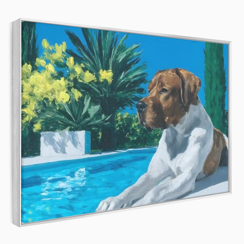 Tablou canvas cu tablou canvas cu caine la piscina, in rama de aluminiu argintiu