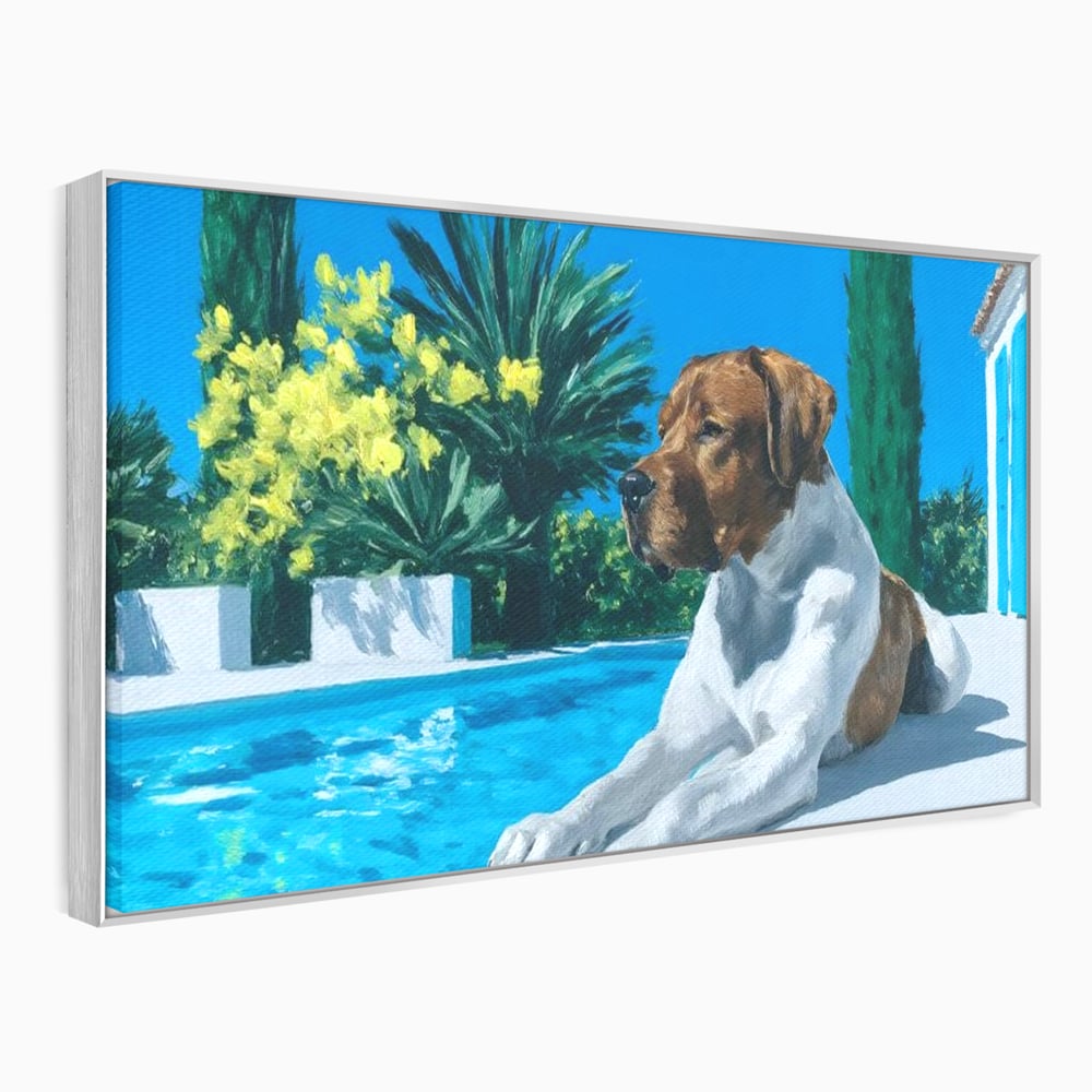 Tablou canvas cu tablou canvas cu caine la piscina, in rama de aluminiu argintiu