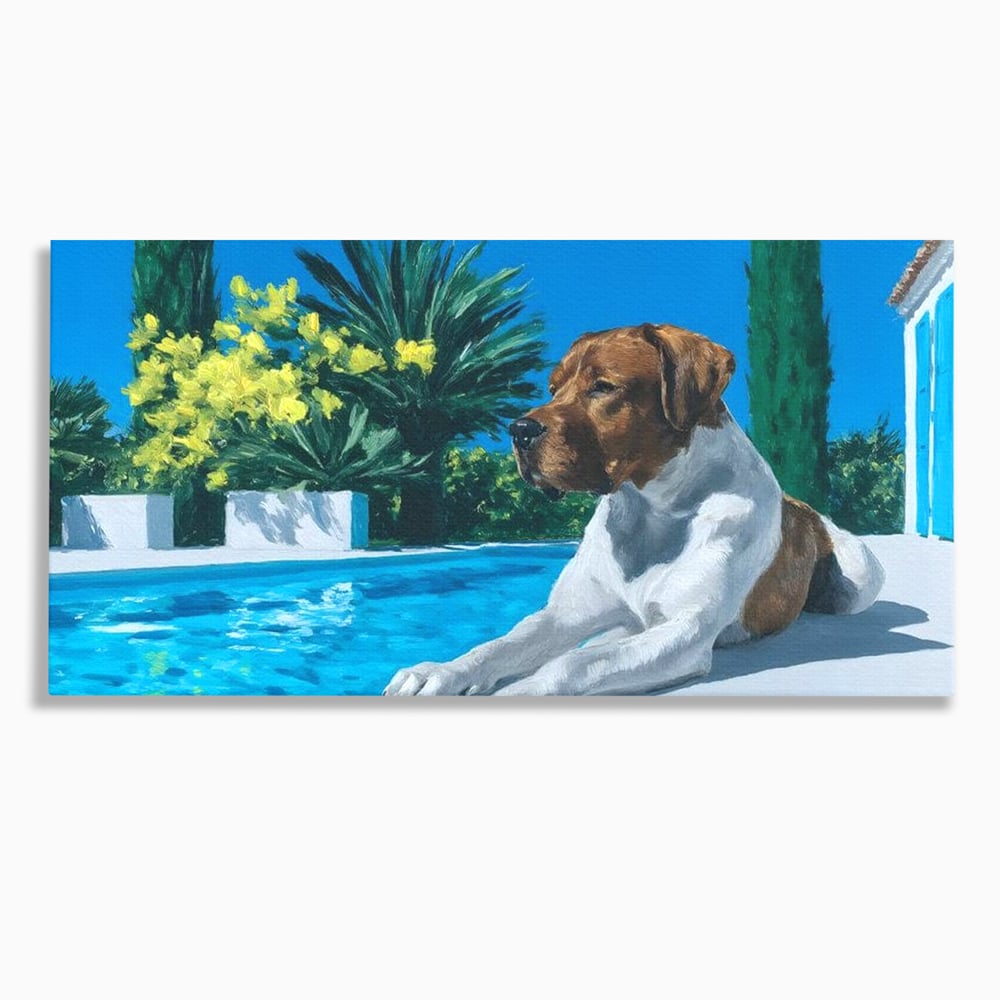 Tablou canvas cu tablou canvas cu caine la piscina, fara rama, pe sasiu de lemn